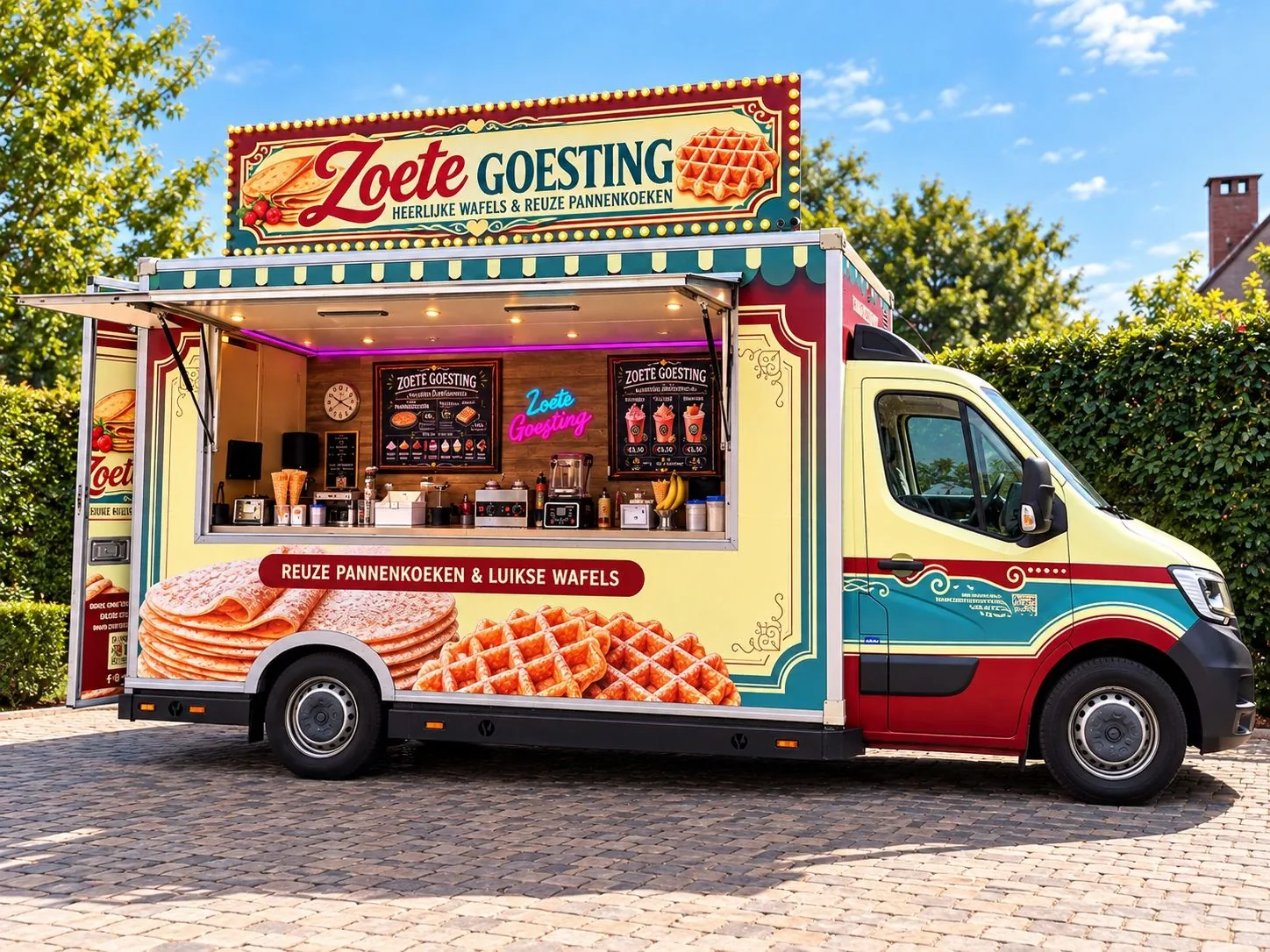 De foodtruck van Zoete Goesting in de zon, met het luik open en het lampjesbord erboven